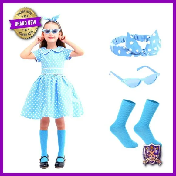 Retro 1950s Polka Dot Dress Costume Set with Headband Glasses Socks - Picture 1 of 6